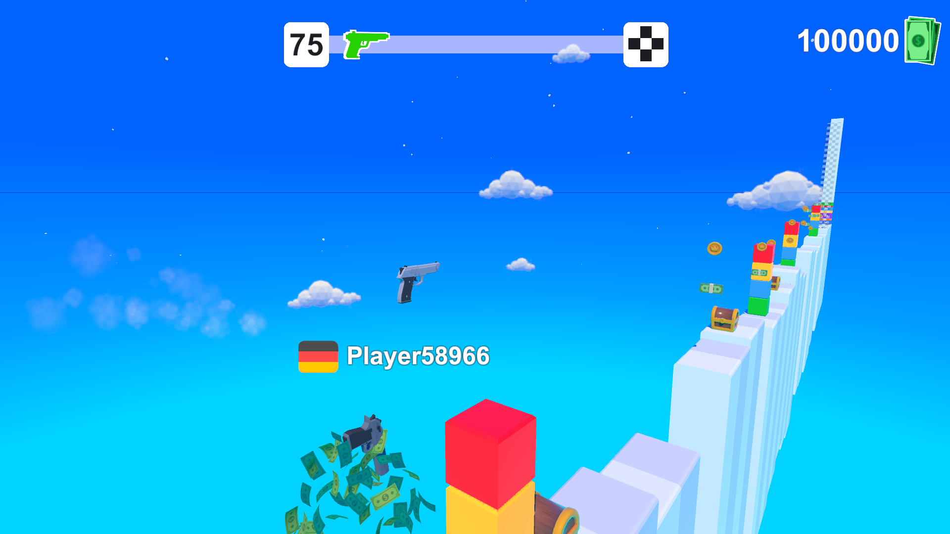 Gun Race gameplay: a floating pistol beside an elevated course of blocks and coins.