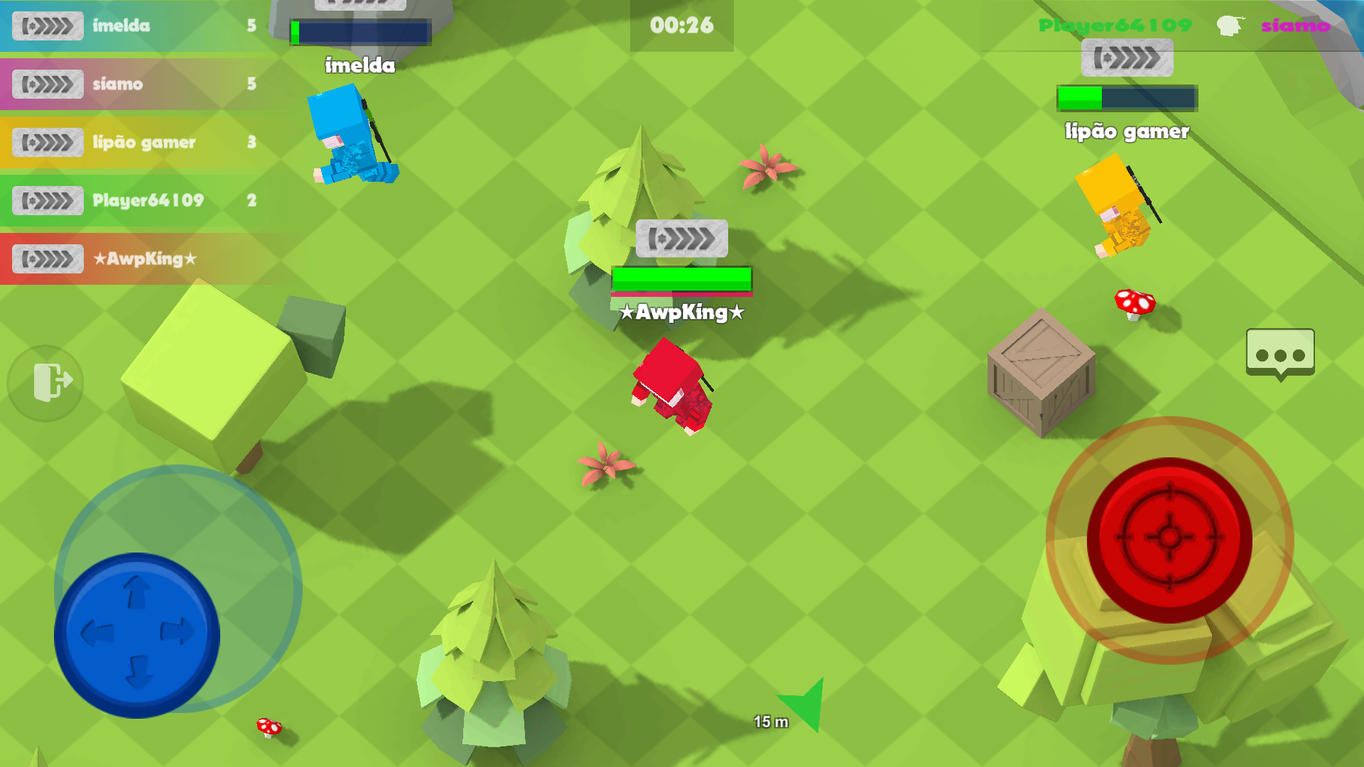 snip.io gameplay: colorful players in a grassy arena with trees and crates.